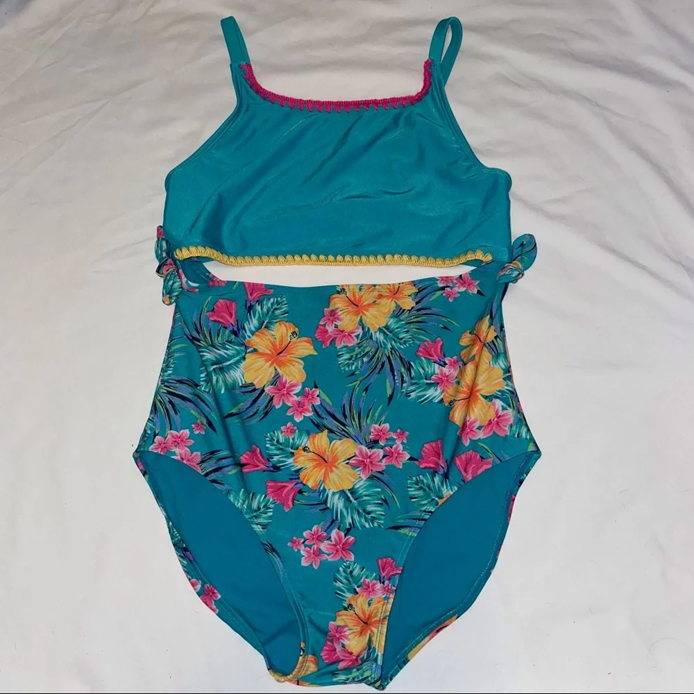 Art Class Teal Blue Pink Tropical Floral Hibiscus Cut Out Bathing Swim Suit